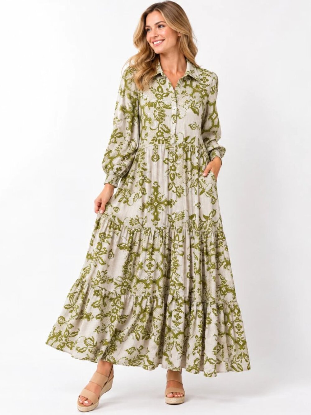 Jodifl Green Floral Tiered Maxi Dress Cottagecore Button Bodice Long Sleeve L
